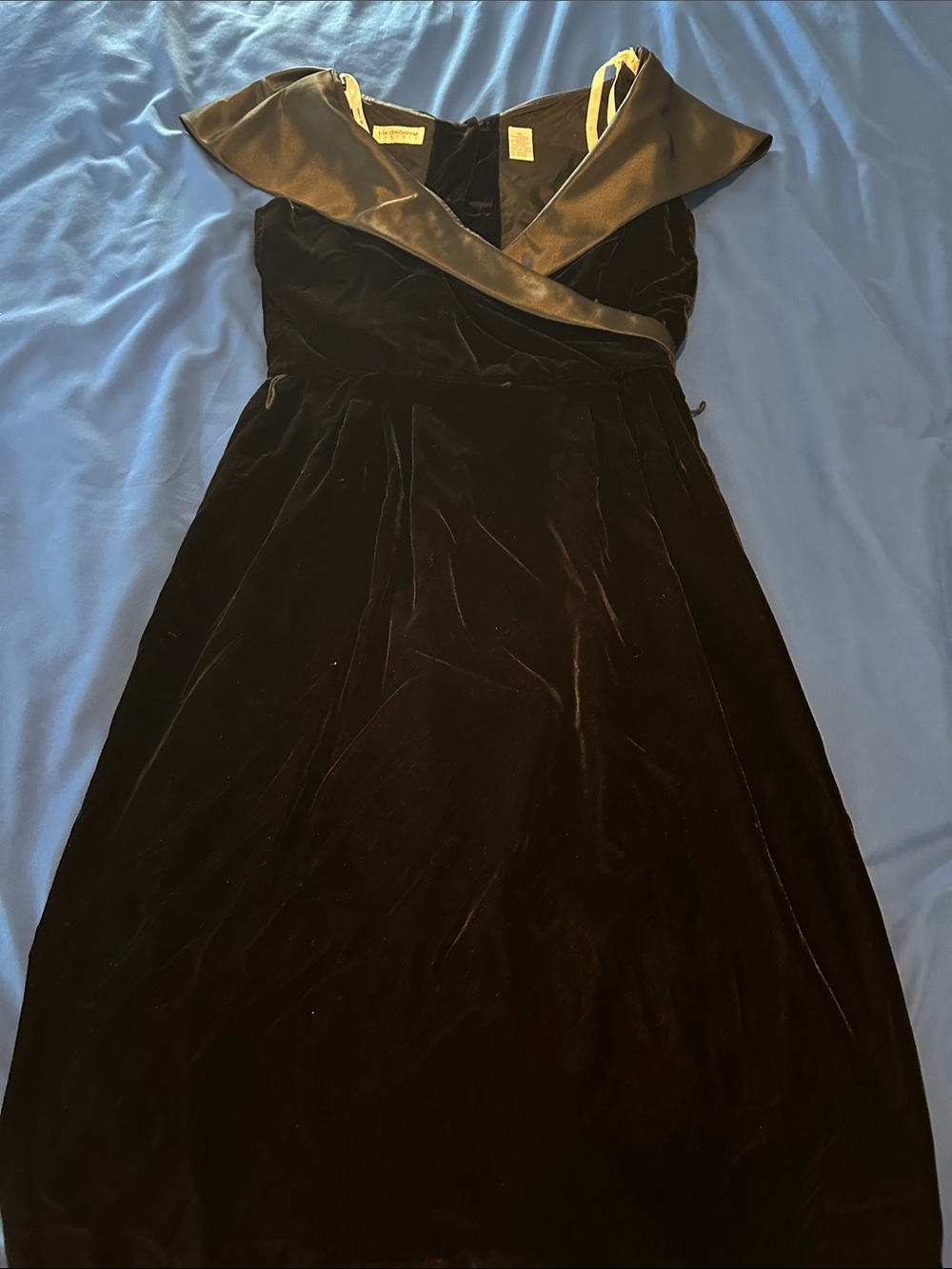 Liz Claiborne Black Velvet Midi Dress with Satin Collar